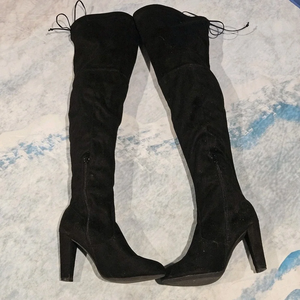 Women's Size 8 Black Over The Knee Boots Block Heel Back Tie Zip Faux Suede